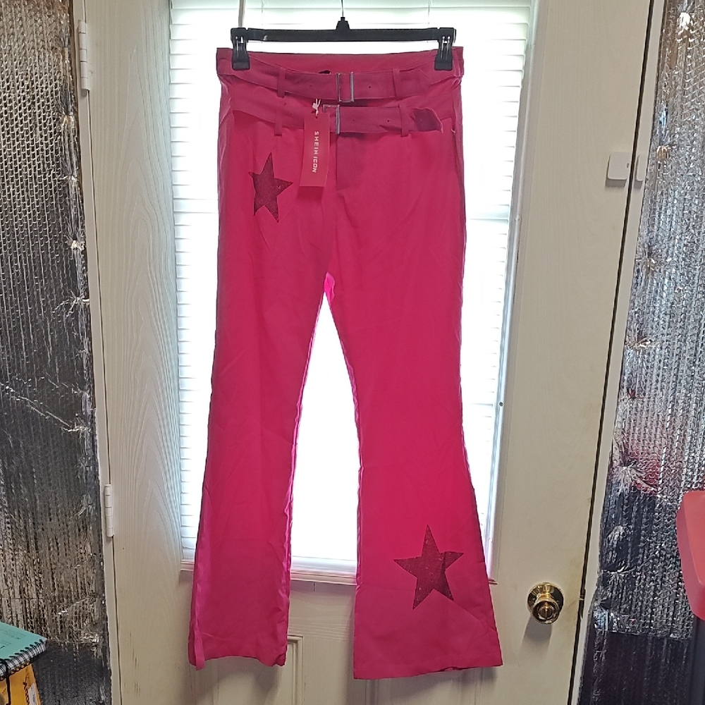 SHEIN ICON Star Print Belted Flare Leg Pants